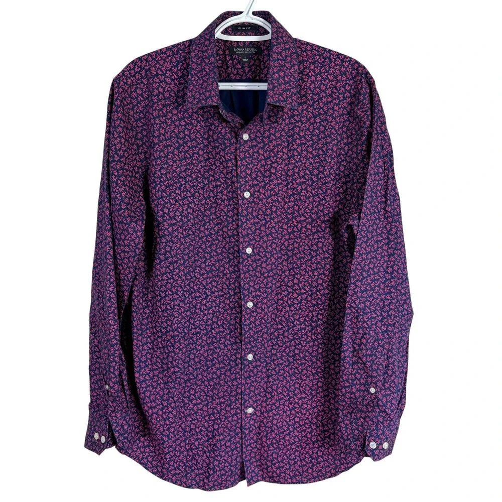 Banana Republic Button Up Shirt Mens L Blue Red Floral Slim Fit Non-Iron Cotton